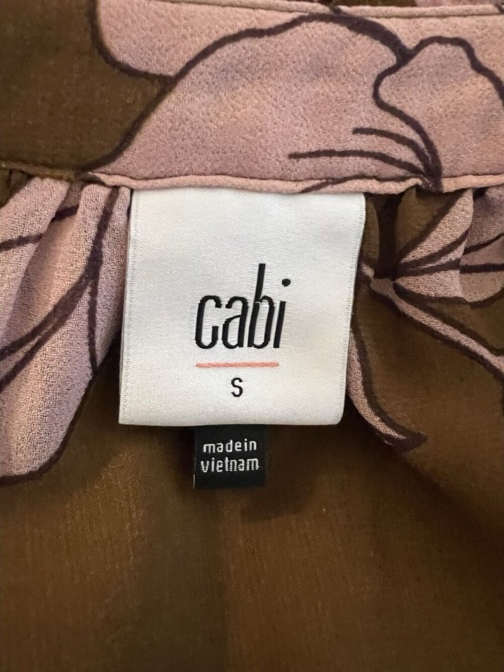 Cabi Hothouse Floral Blouse S Brown Pink Ruffle Neck Sleeveless Sheer Style 4424 - Picture 7 of 8